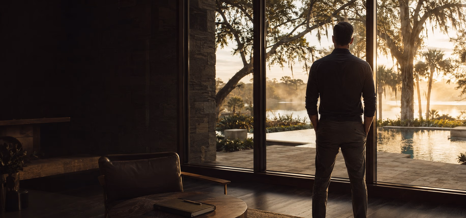 A leader standing alone at the window at sunset